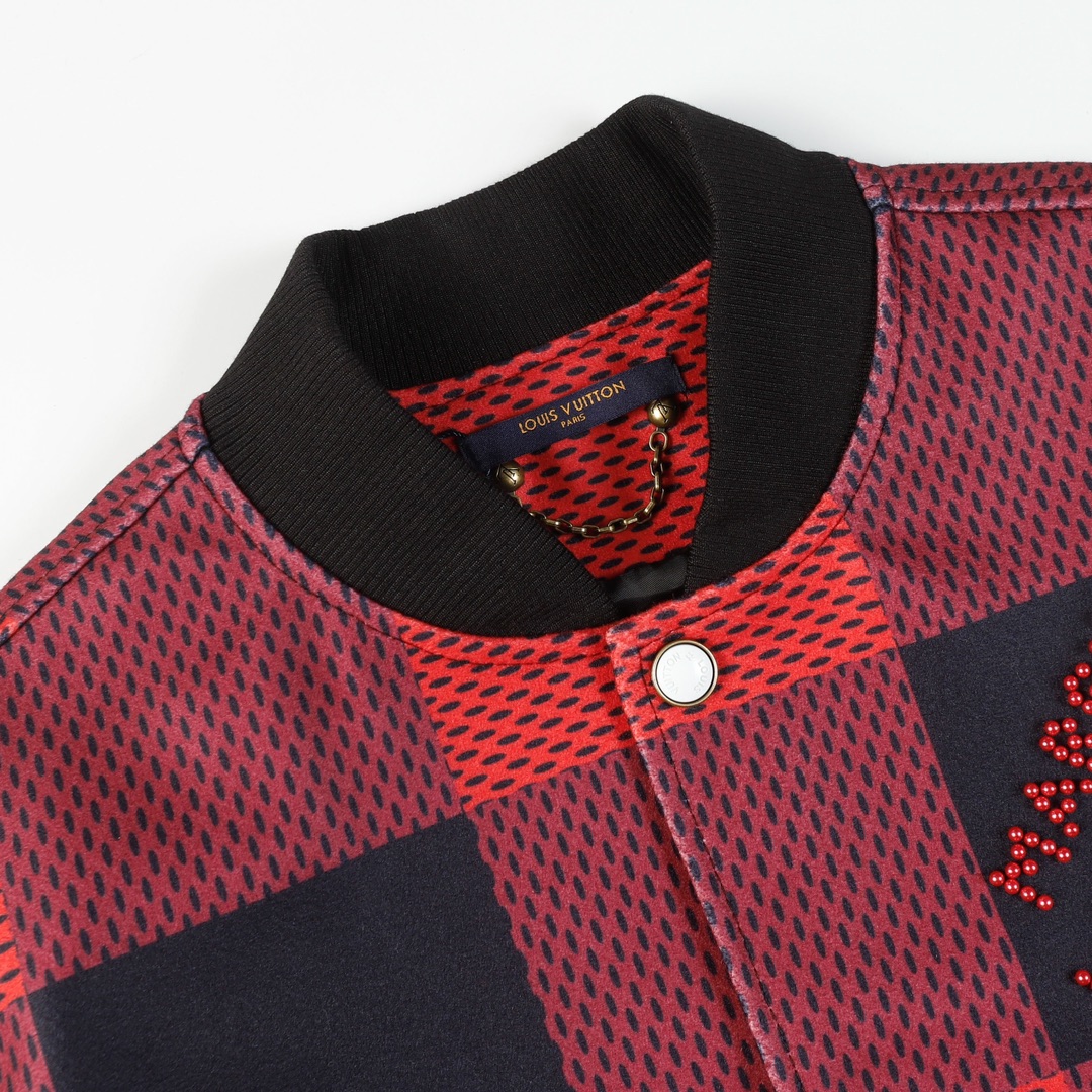 LV一比一紅黑格紋拼皮棒球外套街頭潮流男女同款｜歐美奢侈品精品推薦