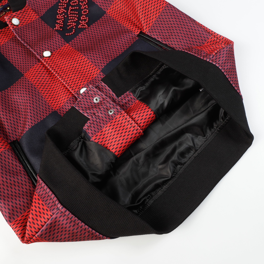 LV一比一紅黑格紋拼皮棒球外套街頭潮流男女同款｜歐美奢侈品精品推薦