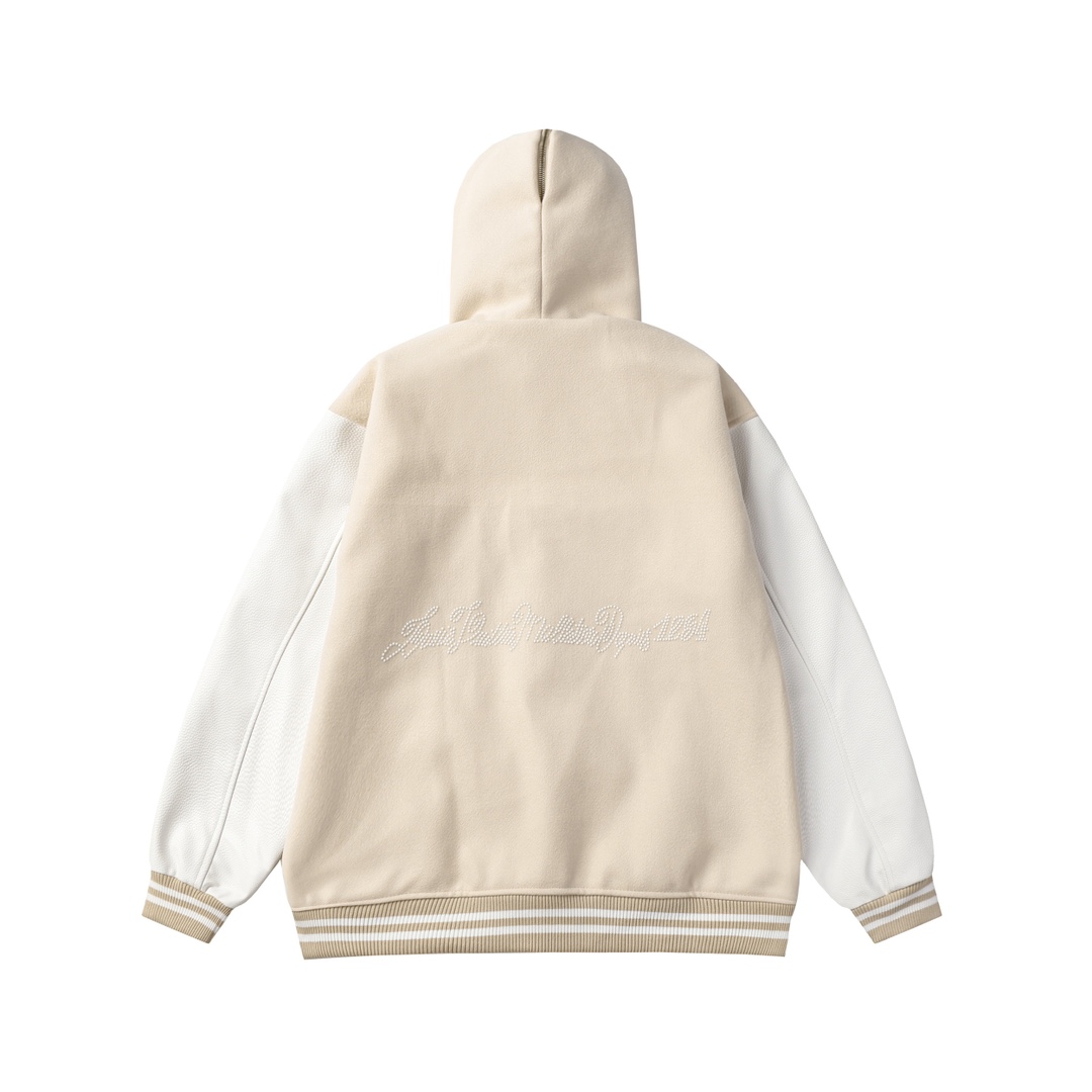 LV一比一米白拼白袖連帽棒球外套 刺繡Logo極簡風設計｜歐美奢侈品精品推薦